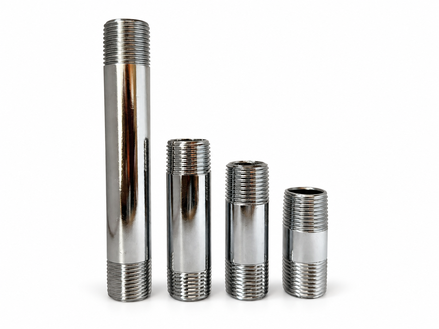 Chrome-plated carbon steel double-end pipe nipples on white background