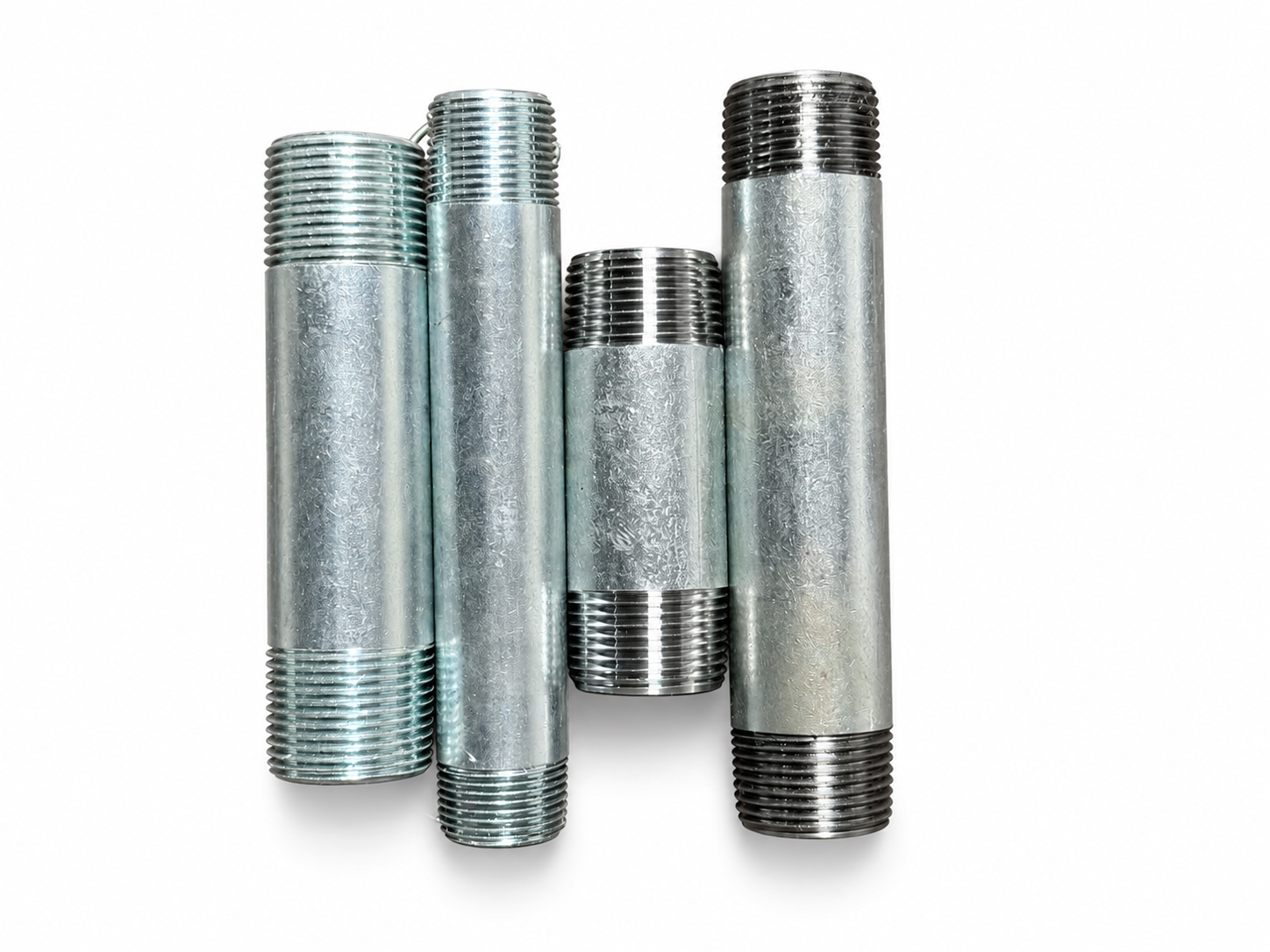 Electro-galvanized carbon steel double-end pipe nipples on white background