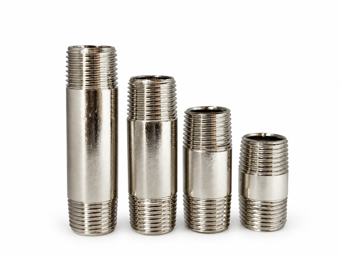 Nickel-plated carbon steel double-end pipe nipples on white background